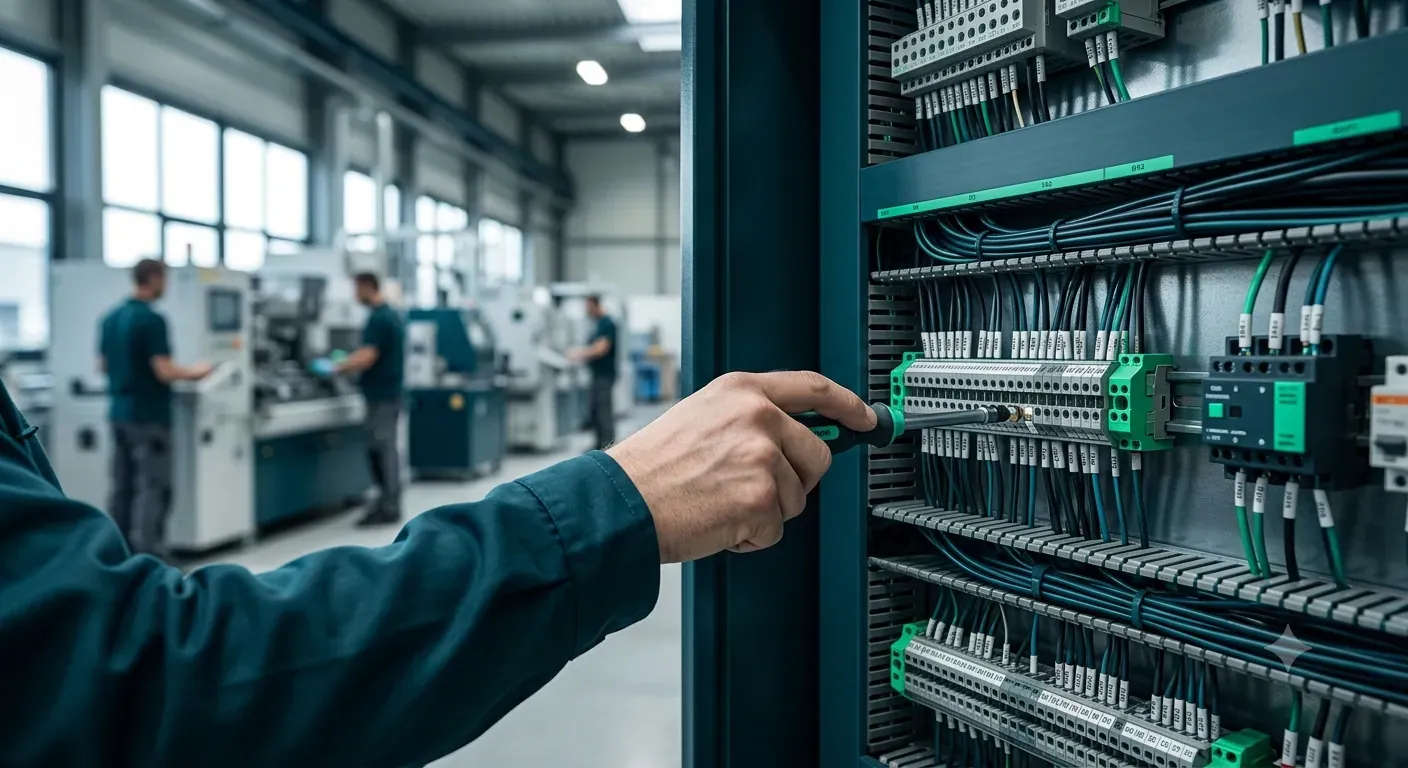 Elektriker prüft Schaltschrank-Reihenklemmen mit Multimeter